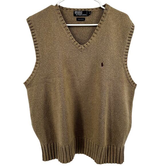 VTG Ralph Lauren Sweater Vest 80s V Neck Logo Knit Academia 100% Cotton Tan XL - Picture 1 of 4